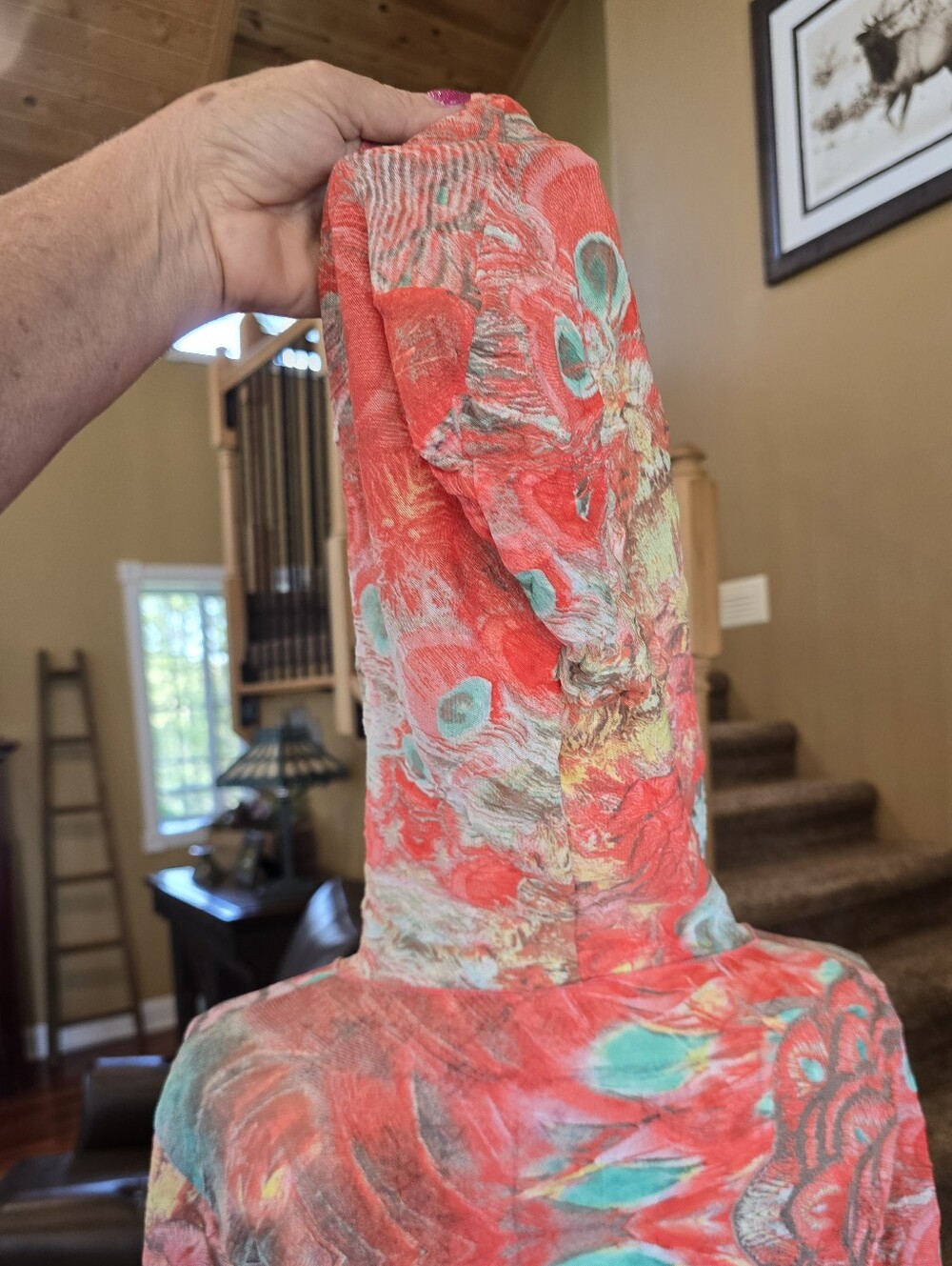 Vine Street Multicolor Coral Abstract Peacock Print Zip Up Hooded Crinkle Top M - Picture 5 of 7